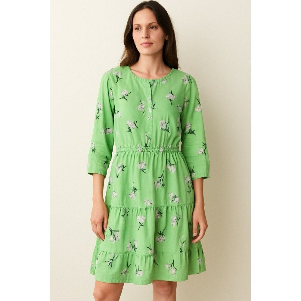 LOFT Linen Blend Tiered Balloon Sleeve Floral Dress in Pistacia Size Medium